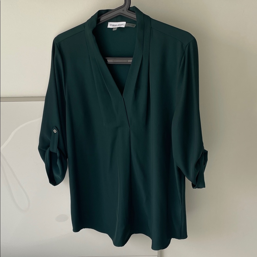 Calvin Klein Dark Green V-Neck Roll-Tab Blouse